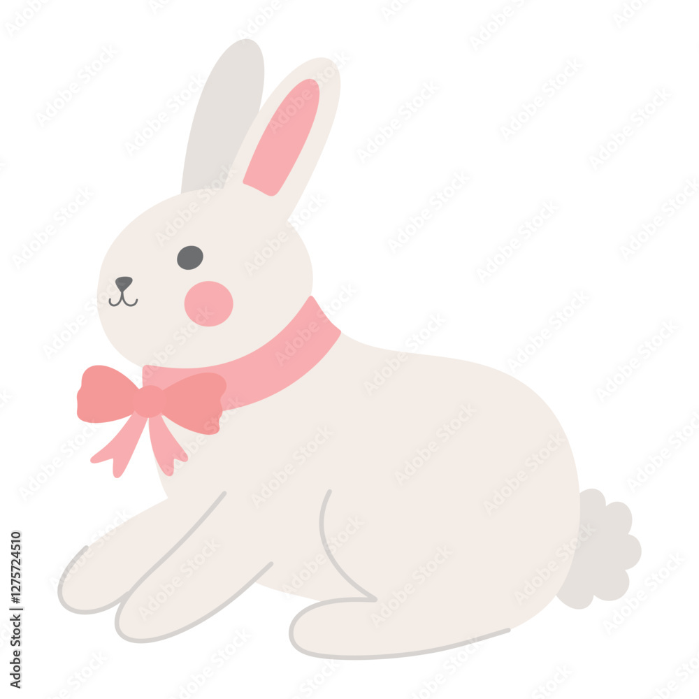 Obraz premium Cute kawaii sweet Easter bunny rabbit with pink ribbon bow simple vector illustration isolated on white background