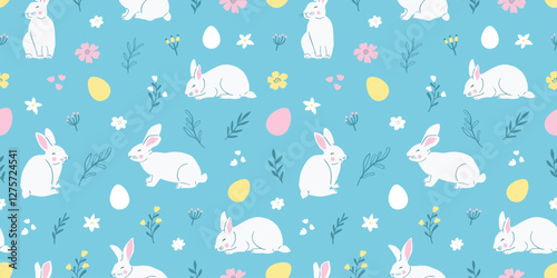 Easter cute seamless pattern with cute white rabbits and Easter eggs. Vector illustration.	