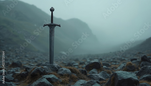 Close-up of Viking sword standing on rocky ground. Metallic blade. Misty dark ancient battlefield. Mediaeval warrior weapon. Nordic saga legend. History of battle. Fog covers landscape. photo