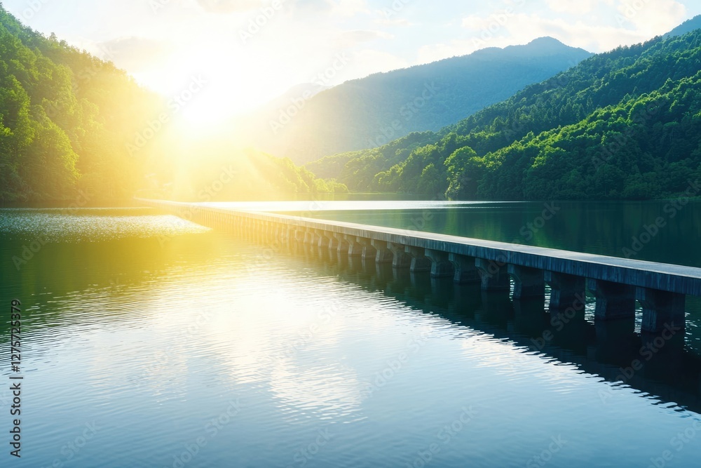Obraz premium Exploring Renewable Energy Solutions by a Serene Lake at Dawn Nature Photography Tranquil Environment Scenic Viewpoint