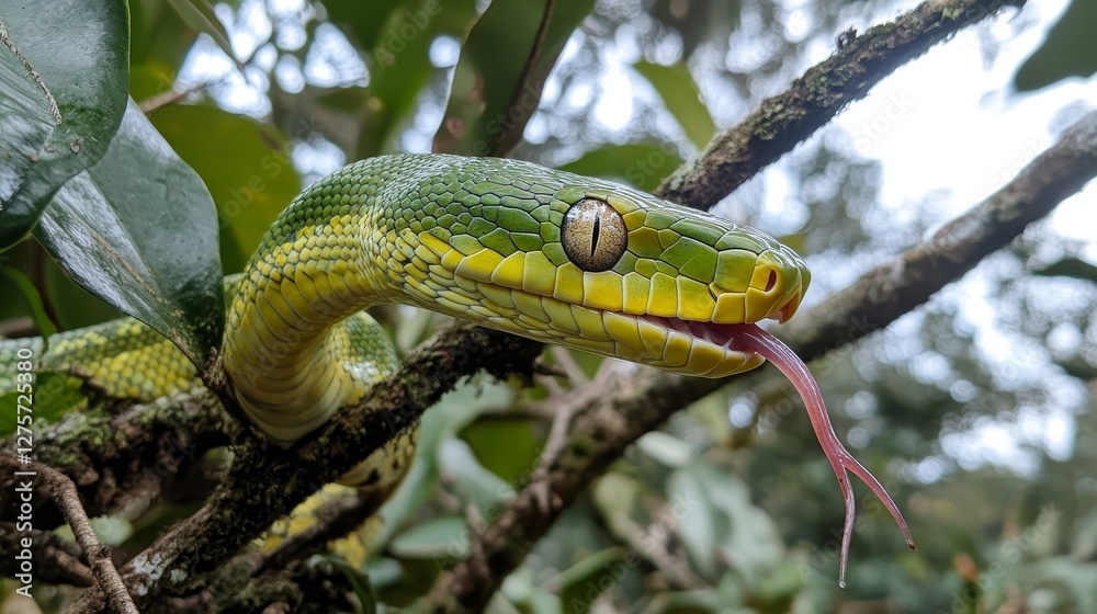 Stunning Green Tree Snake in Lush Rainforest Habitat