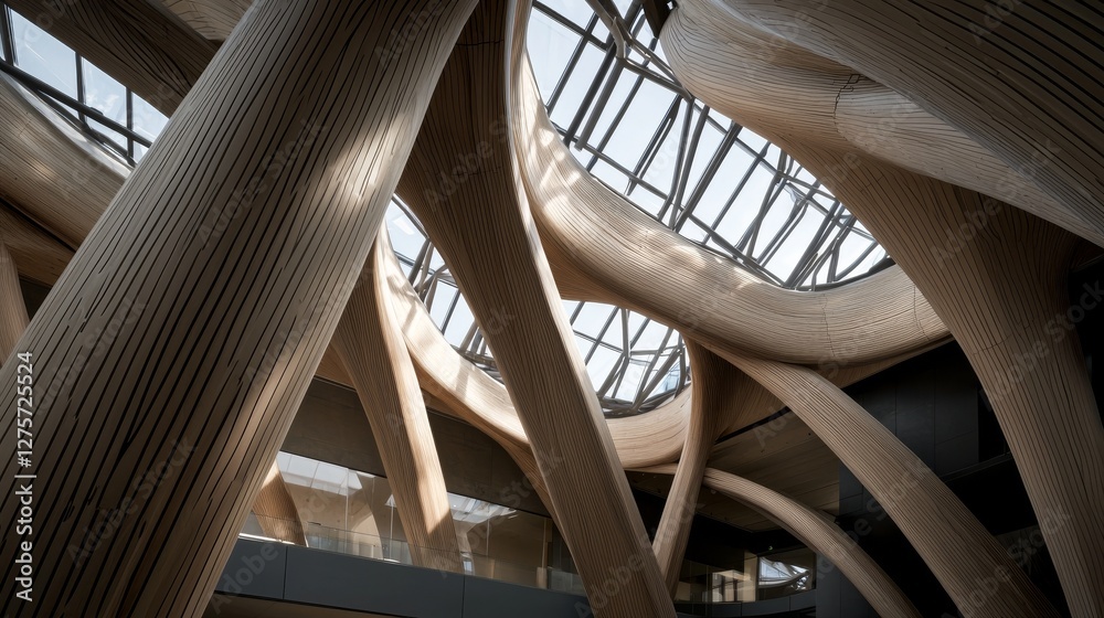 Fototapeta premium Luxurious geometric wooden triangles are utilized in construction, embodying the concept of modern architecture, design, and interior set against a wood background, featuring a modular canopy or roof