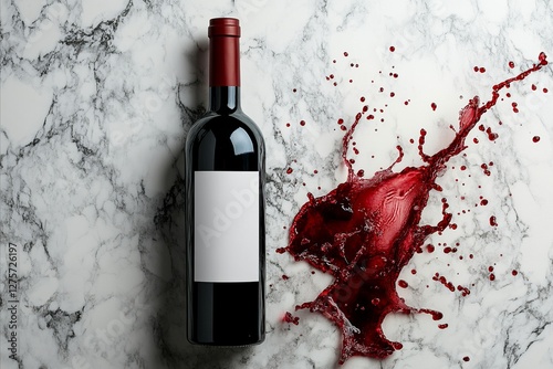 Mockup of red wine bottle with white label on marble table with spilled wine. Wine branding
