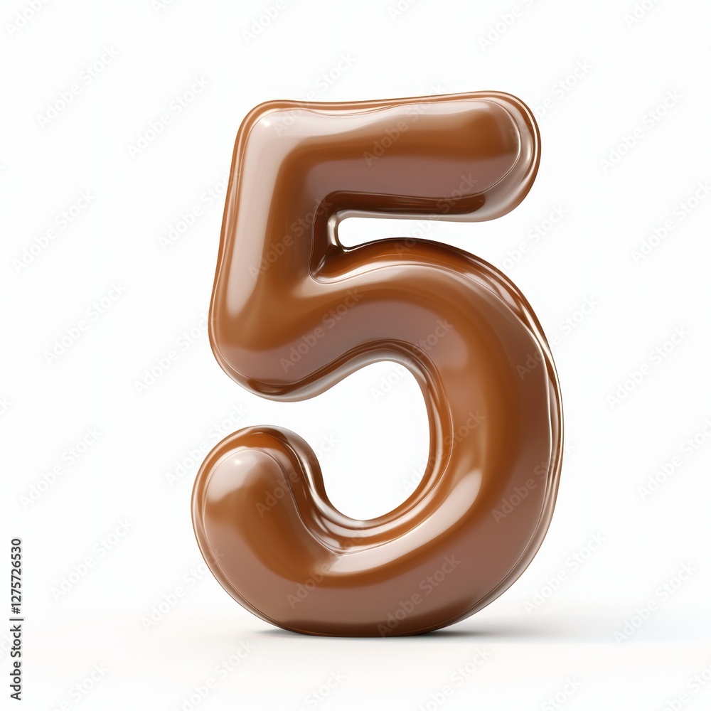 Number 5 made of smooth milk chocolate with glossy reflections isolated on a clean white background Number 5 made of smooth milk chocolate with glossy reflections isolated on a clean white background