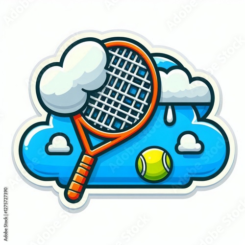Playful cartoon tennis racket and ball with clouds, vibrant and whimsical illustration