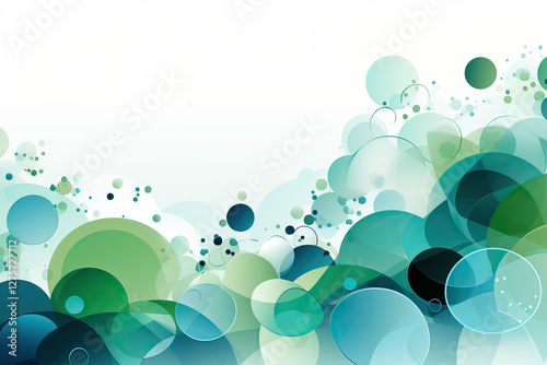 A vibrant abstract design featuring overlapping circles and dots in shades of blue and green against a white background. The varying sizes and transparency create a sense of depth and movement.