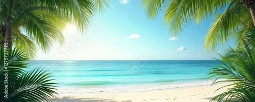 Idyllic beach view. Palm trees frame turquoise ocean and clear blue sky. White sand meets azure sea under sunshine. Serene tropical travel destination, summer vacation background.