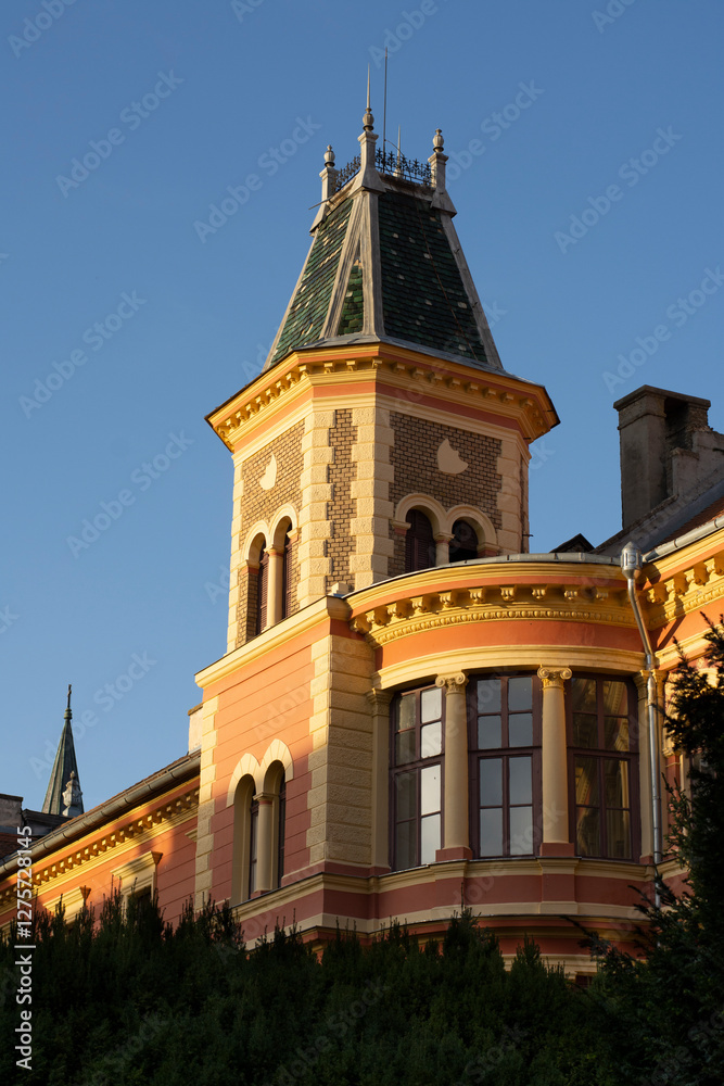Tower on rectory building in Sombor in the sunset Tower on rectory building in Sombor in the sunset