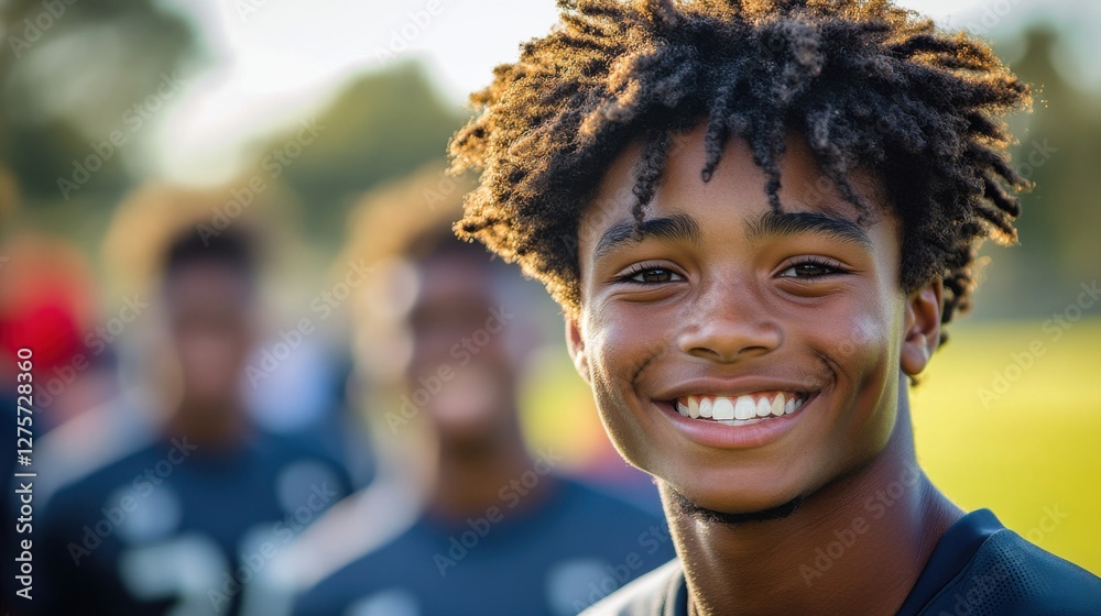 Smiling young athlete enjoying a sunny day on the soccer field with teammates in the background during a local youth tournament Smiling young athlete enjoying a sunny day on the soccer field with teammates in the background during a local youth tournament