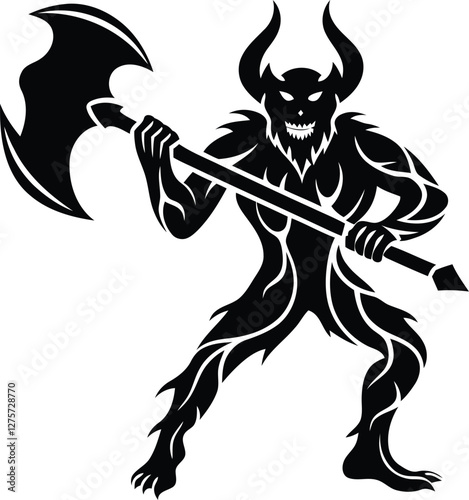 Creative muscular demon warrior with battle vector illustration, muscular demon warrior with battle silhouette and line art isolated vector design