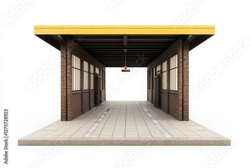 A 3D icon of an open train station platform with dark brown brick walls and a yellow roof, placed against a white background. 