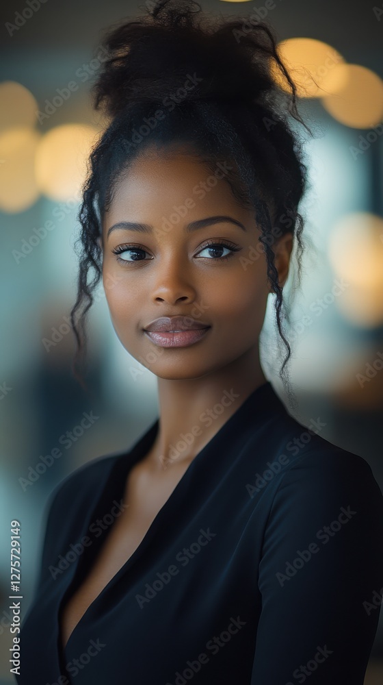 Obraz premium Beautiful woman with curly hair poses confidently in urban setting during daytime while blurred lights create a warm atmosphere behind her