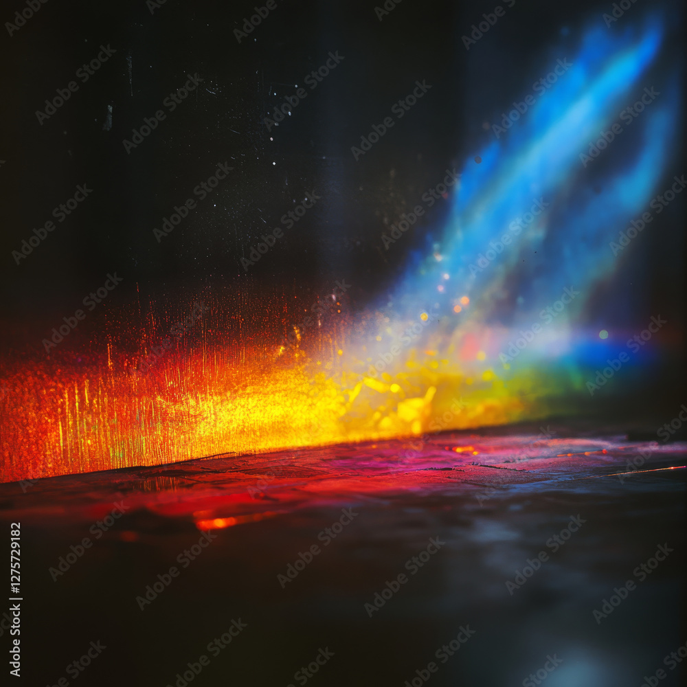 Obraz premium Prismatic light leaks create vibrant rainbow colors on dark