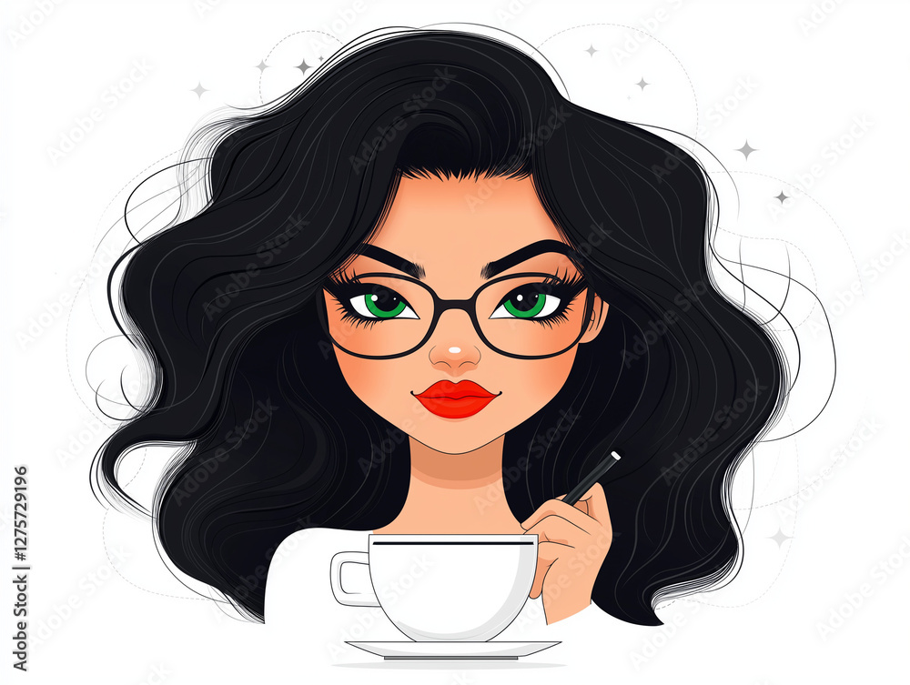 Stylish cartoon woman with coffee cup and pen, happy vector illustration, break time Stylish cartoon woman with coffee cup and pen, happy vector illustration, break time