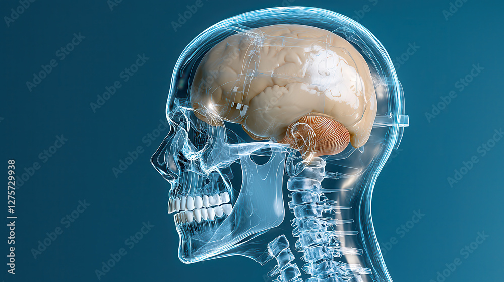 Obraz premium photorealistic X ray scan of human skull with teeth and visible brain, showcasing detailed anatomy