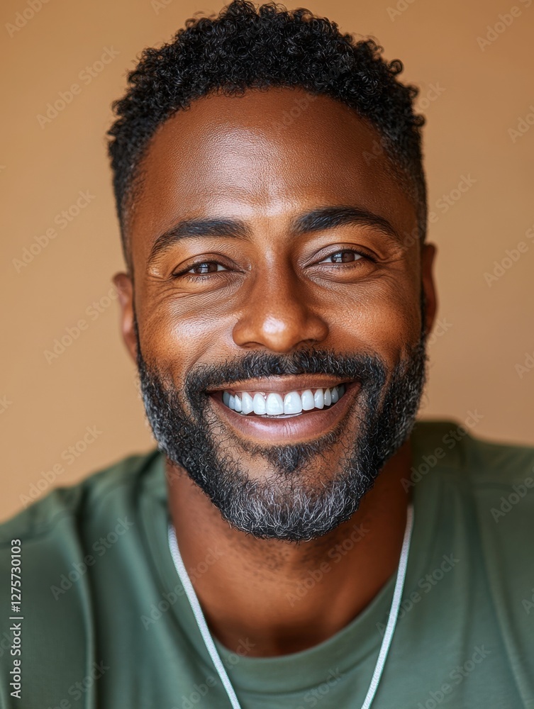 Smiling man with joyful expression poses against a warm background in a casual green shirt showcasing a confident and inviting demeanor during daylight Smiling man with joyful expression poses against a warm background in a casual green shirt showcasing a confident and inviting demeanor during daylight
