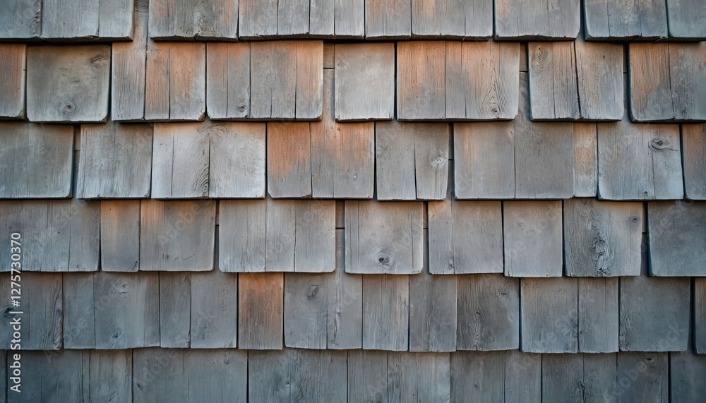 Weathered gray cedar shingle wall features rustic natural texture. Exterior architecture building design. Vintage wood pattern, home construction, aged planks and old siding create surface.
