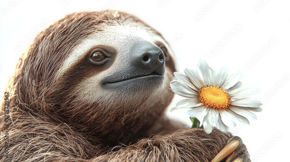 Fototapeta premium Cute sloth holding a daisy flower against a soft light background