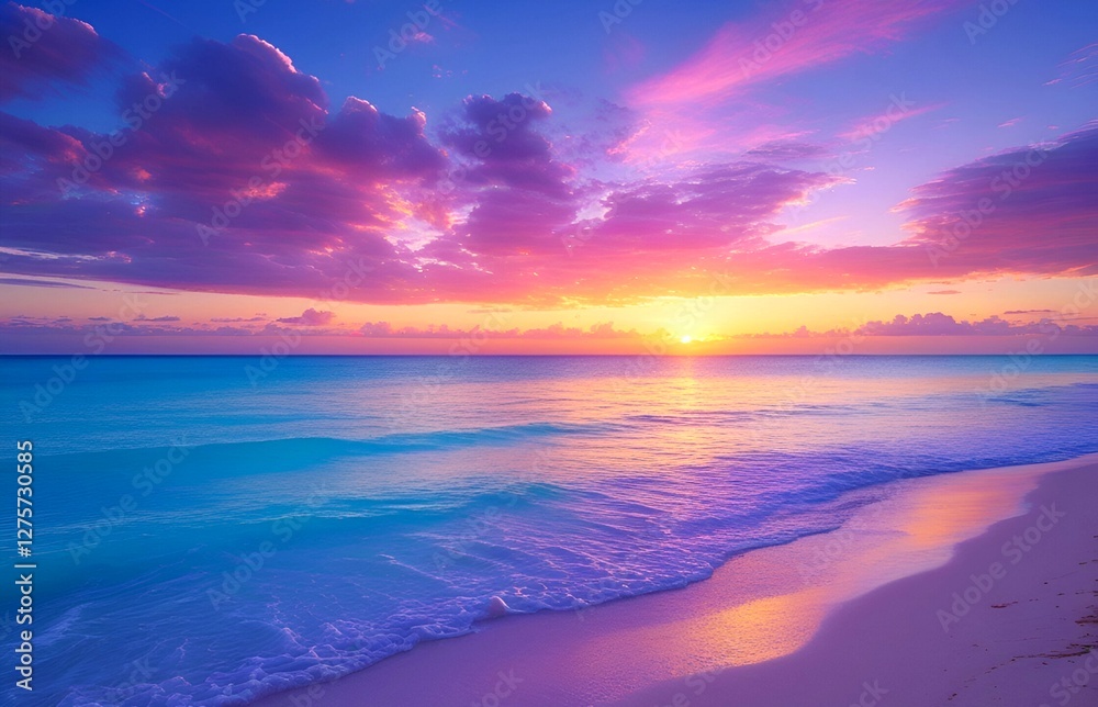 The day comes to a close with a stunning pink sunset, illuminating the beach and the ocean with its radiant colors. The day comes to a close with a stunning pink sunset, illuminating the beach and the ocean with its radiant colors.