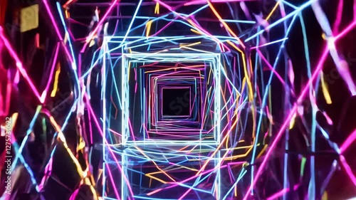 Vivid neon tunnel with dynamic geometric light patterns and vibrant colors
