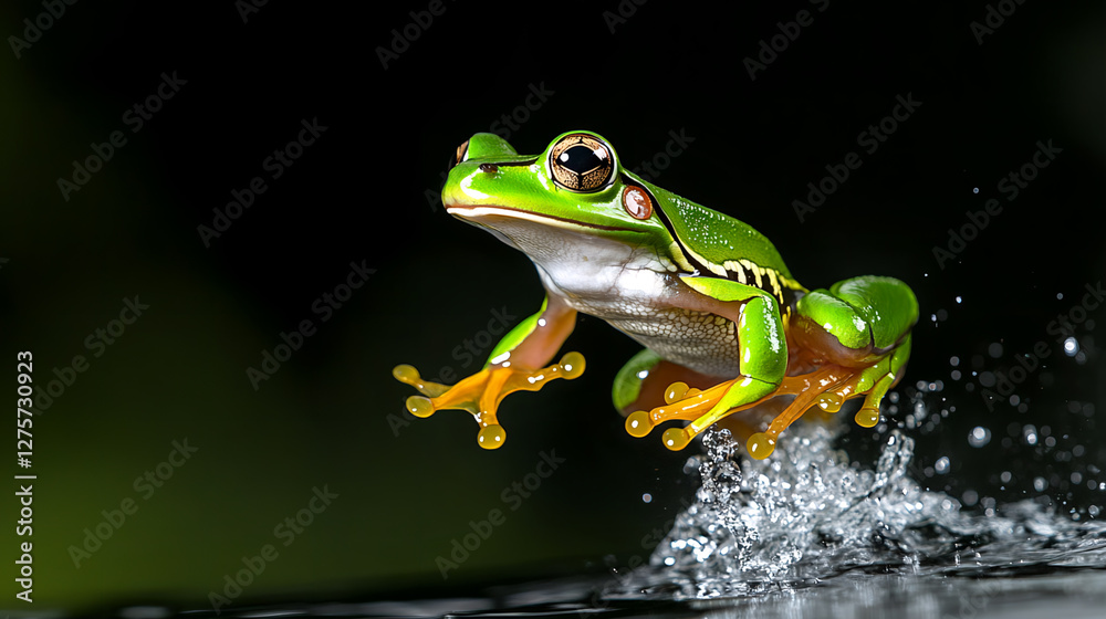 Photo a vibrant green frog elegantly leaps through the air, splashing into the water, showcasing its agility and beauty against a striking black background. AI generated images. Photo a vibrant green frog elegantly leaps through the air, splashing into the water, showcasing its agility and beauty against a striking black background. AI generated images.