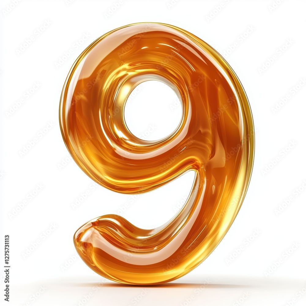 Number 9 made of thick golden caramel with glossy reflections isolated on a clean white background Number 9 made of thick golden caramel with glossy reflections isolated on a clean white background