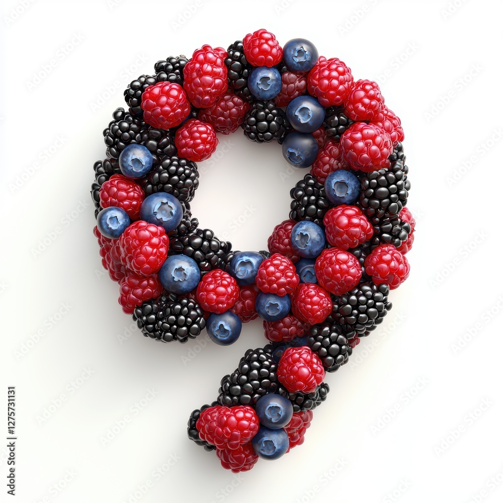 Number 9 made of vibrant mixed berries including raspberries, blueberries, and blackberries isolated on a clean white background Number 9 made of vibrant mixed berries including raspberries, blueberries, and blackberries isolated on a clean white background