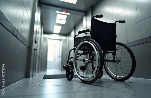 Wheelchair on platform lift, low angle view. Accessibility transport ramp for disabled people on wheelchair in grey clinic, hospital corridor. Mobility support tech. photo