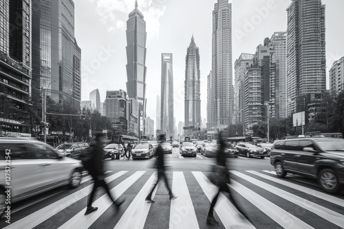 A monochrome view of Shanghai's Pudong district featuring iconic skyscrapers and the busy streetscape with blurred pedestrians and traffic, creating a sense of motion and urban dynamism.