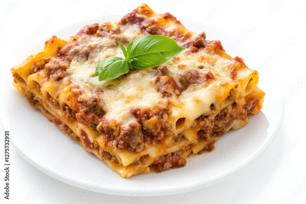 Delicious baked ziti with rich meat sauce and melted cheese garnished with fresh basil on a clean white plate Delicious baked ziti with rich meat sauce and melted cheese garnished with fresh basil on a clean white plate