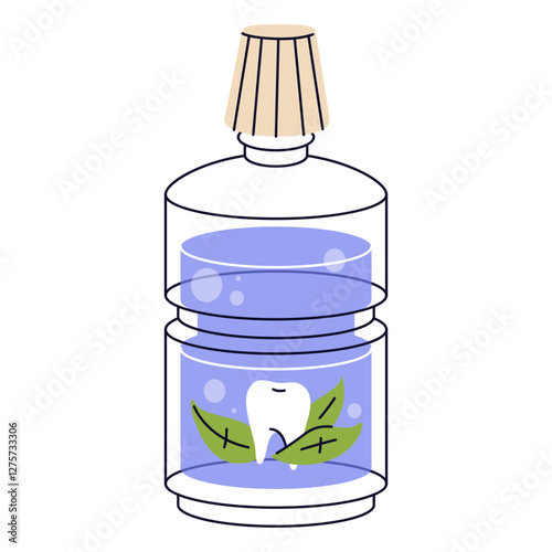 Mouth rinse or mouthwash liquid. Vector icon of oral care product for fresh breath and dental hygiene. Bottle for bathroom teeth cleaning routine, cavity protection, plaque prevention. Tooth health.