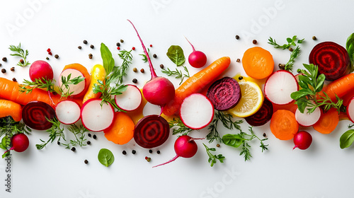 Vibrant Assortment of Colorful Vegetables Arranged on White Surface Celebrating Fresh Produce photo