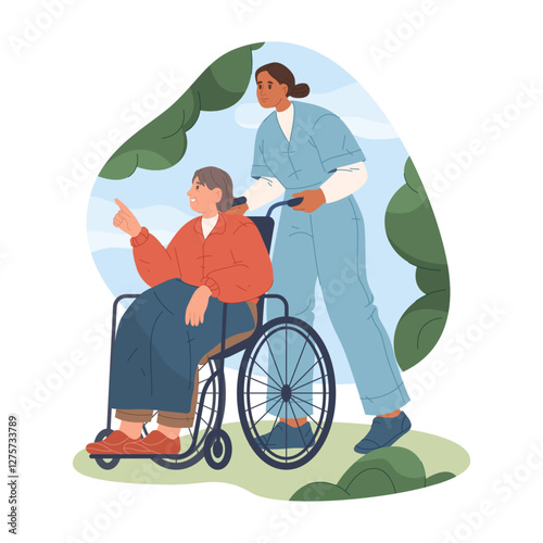 Nurse helping elderly woman in wheelchair walking outside. Vector healthcare walker assisting senior or old patient outdoor. Support for mobility and cure at nursing home or retirement center. Health