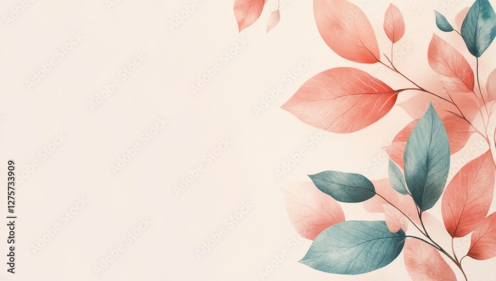 Fototapeta premium Coral, teal leaves, botanical banner, soft background, design element