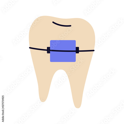 Tooth with brace and wire icon. Vector symbol for orthodontic care and dental alignment. Teeth straightening and oral health, dentistry treatment. Jaw and bite correction accessory. Mouth bracket.