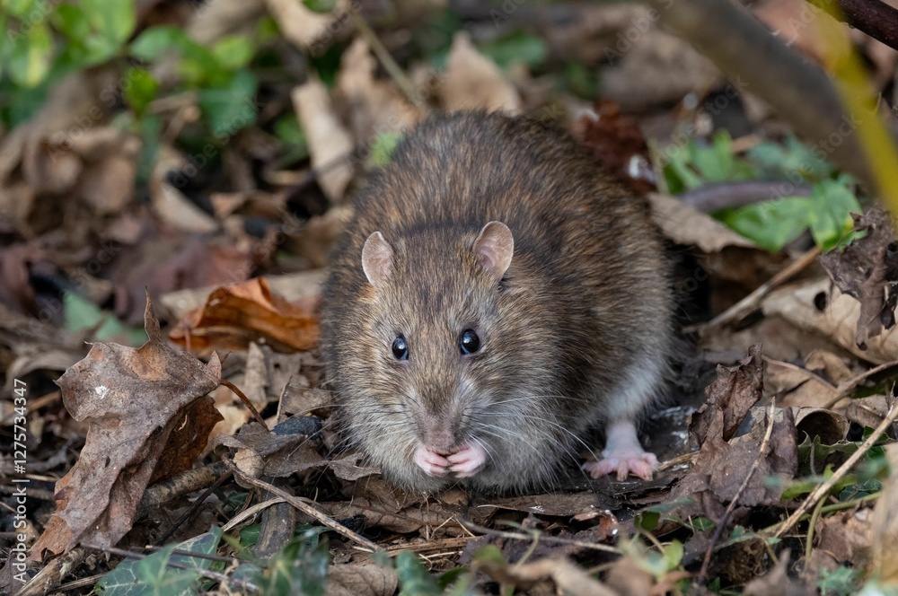 Close-up of a brown rat sitting among dry leaves, showcasing its natural habitat Close-up of a brown rat sitting among dry leaves, showcasing its natural habitat