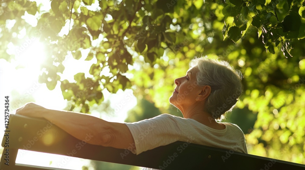 Shoulder stretch by a senior woman on a park bench under a tree. Featuring health and rejuvenation