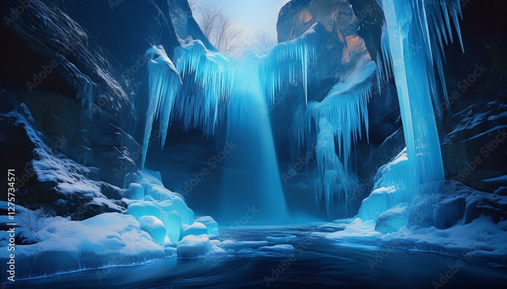 A surreal frozen waterfall, where the ice glows in an eerie blue hue. The scene is completely silent, with jagged icicles and frost-covered rocks enhancing the otherworldly atmosphere. A surreal frozen waterfall, where the ice glows in an eerie blue hue. The scene is completely silent, with jagged icicles and frost-covered rocks enhancing the otherworldly atmosphere.