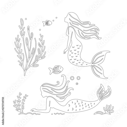 Mermaid coloring page for children. Cute mermaid coloring page vector.