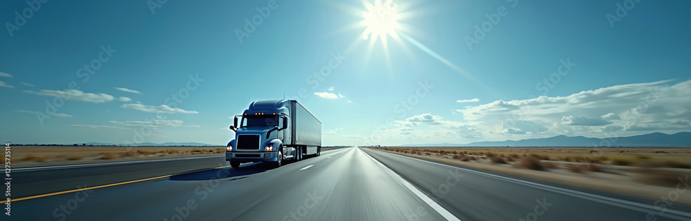 Obraz premium Semi truck drives along open highway under blue sky horizon. Commercial trucking shows vastness, freedom. Logistic, delivery themes in freight transport on asphalt road.