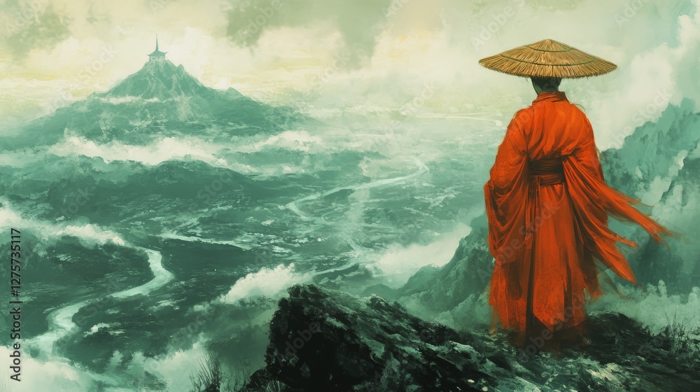 Fototapeta premium A tranquil monk reflects by a misty river in the mountains