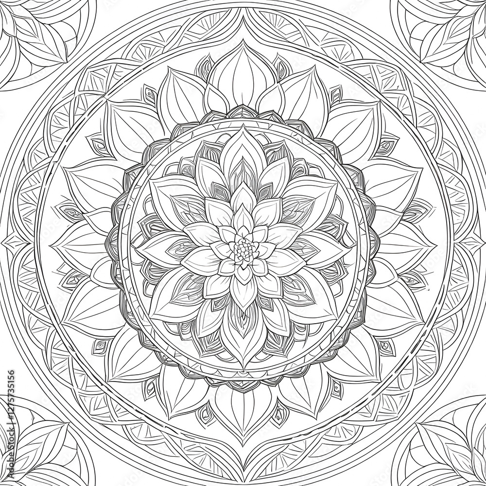 Fototapeta premium Intricate Mandala Design Symmetrical Floral Patterns Zentangle Sacred Geometry Black and White Line Art