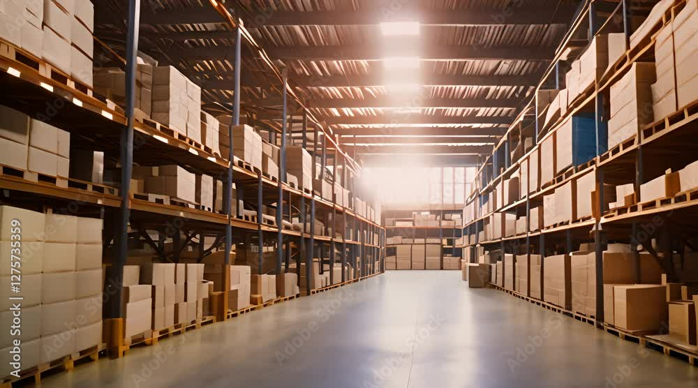 A company's warehouse with towering high shelves, stacked with colorful boxes and crates A company's warehouse with towering high shelves, stacked with colorful boxes and crates