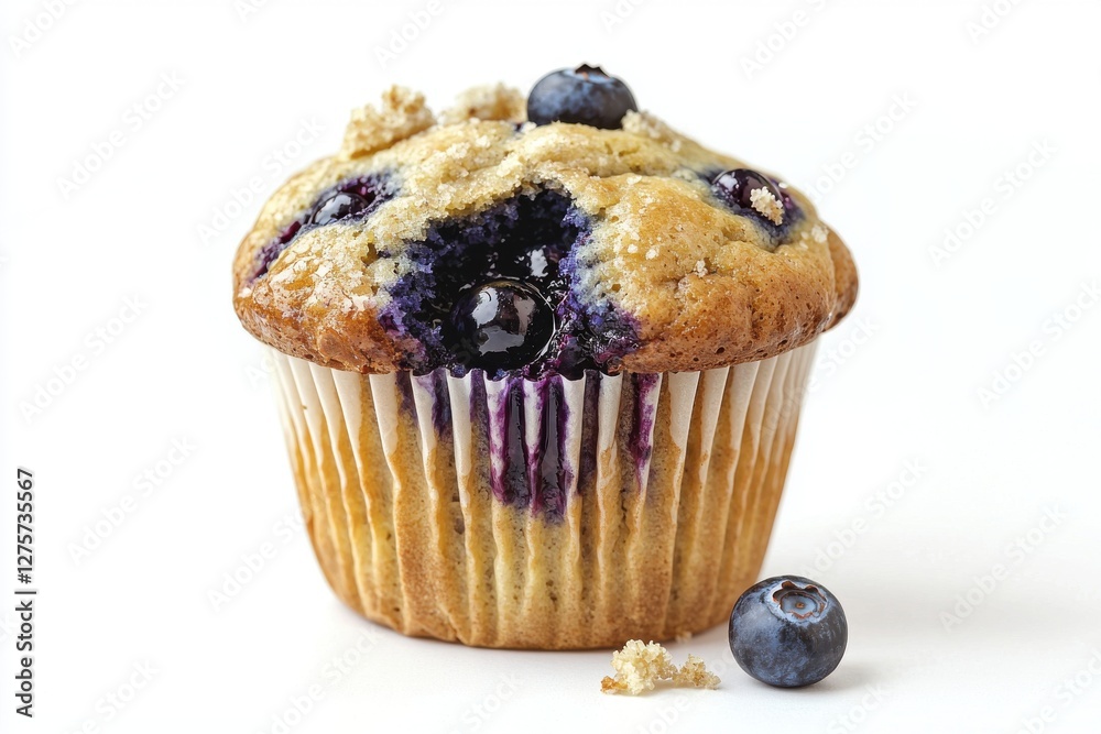 A delicious blueberry muffin on a white surface, with a single blueberry and crumbs alongside, perfect for illustrating breakfast or sweet treats. A delicious blueberry muffin on a white surface, with a single blueberry and crumbs alongside, perfect for illustrating breakfast or sweet treats.