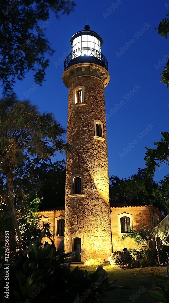 Fototapeta premium Illuminated Lighthouse at Night in Tropical Gardens