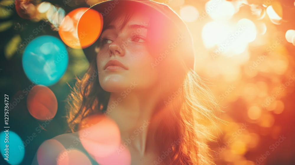 Fototapeta premium serene woman in hat surrounded by vibrant light