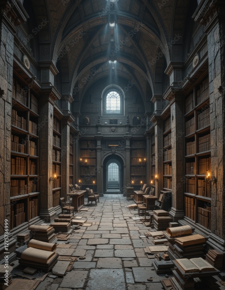 Ancient library with massive stone bookshelves, covered in dust and illuminated by candlelight, evoking a mystical atmosphere filled with forgotten knowledge and scattered scrolls Generative AI Ancient library with massive stone bookshelves, covered in dust and illuminated by candlelight, evoking a mystical atmosphere filled with forgotten knowledge and scattered scrolls Generative AI