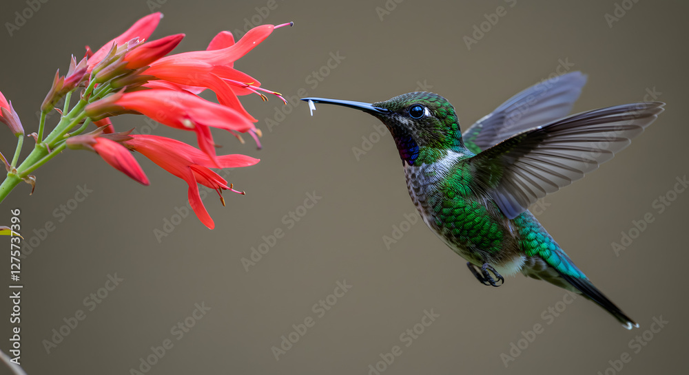Fototapeta premium Hummingbird Drinking Nectar From Red Flowers in Natural Habitat