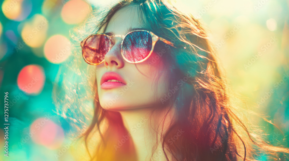 Vibrant woman with sunglasses in colorful light Vibrant woman with sunglasses in colorful light