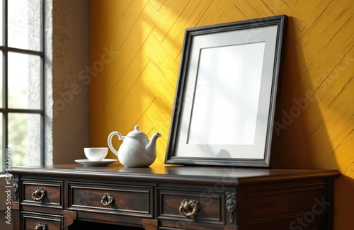 Black frame mockup on vintage writing desk near window with light. White blank mockup, mustard yellow wall with herringbone pattern, ceramic teapot with cup on furniture.